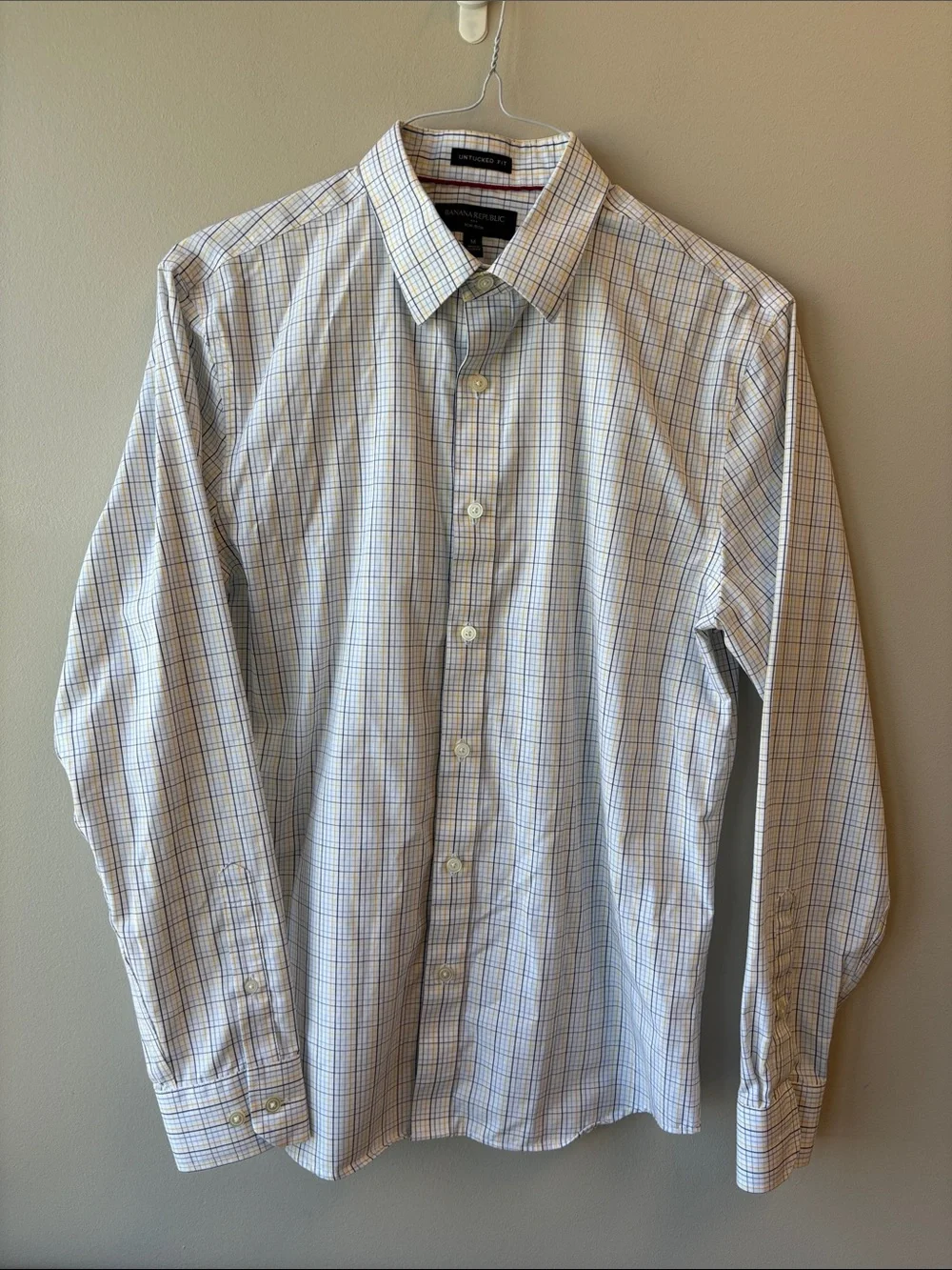 Banana Republic Factory White Dress Shirt with Blue and Yellow Windowpane Plaid